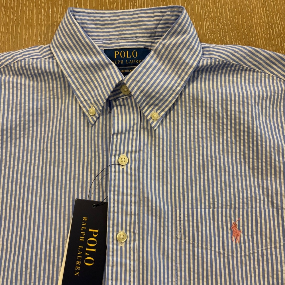 Polo Ralph Lauren Shirt RL Untucked Fit Seersucker Small Blue White Short Sleeve